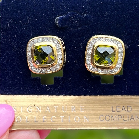 Designer Inspired French clip back Signature Collection green stone earrings. - Picture 2 of 6